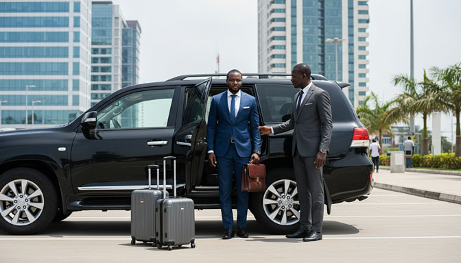 Black African executive stepping out of a luxury sedan with laptop bag and suitcase, modern business district background, professional appearance, corporate travel photography style.