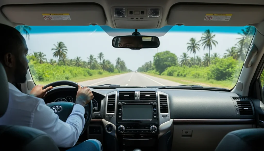 Young Black Ghanaian man driving a modern SUV on a scenic highway in Ghana, green landscape and palm trees on the roadside, bright sunlight, dashboard perspective, lifestyle travel photography.