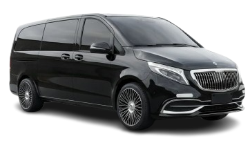 A sleek black luxury van with tinted windows, shiny chrome grille, and elegant alloy wheels on a black background, conveying sophistication and elegance.