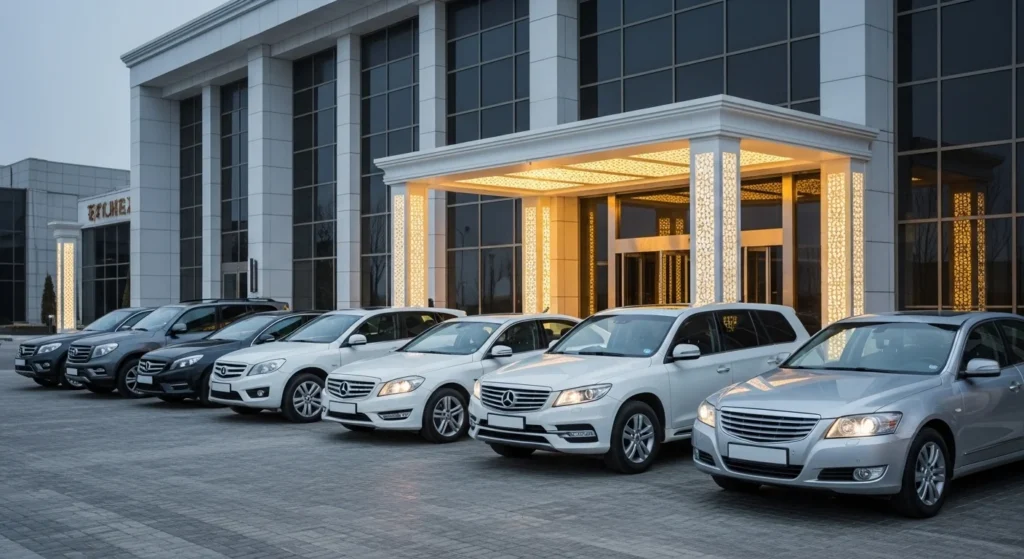 Luxury SUV and sedan cars arranged in a neat line outside a modern event venue, clean vehicles prepared for guest transportation