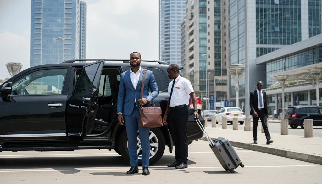 Black African executive stepping out of a luxury sedan with laptop bag and suitcase, modern business district background, professional appearance, corporate travel photography style.