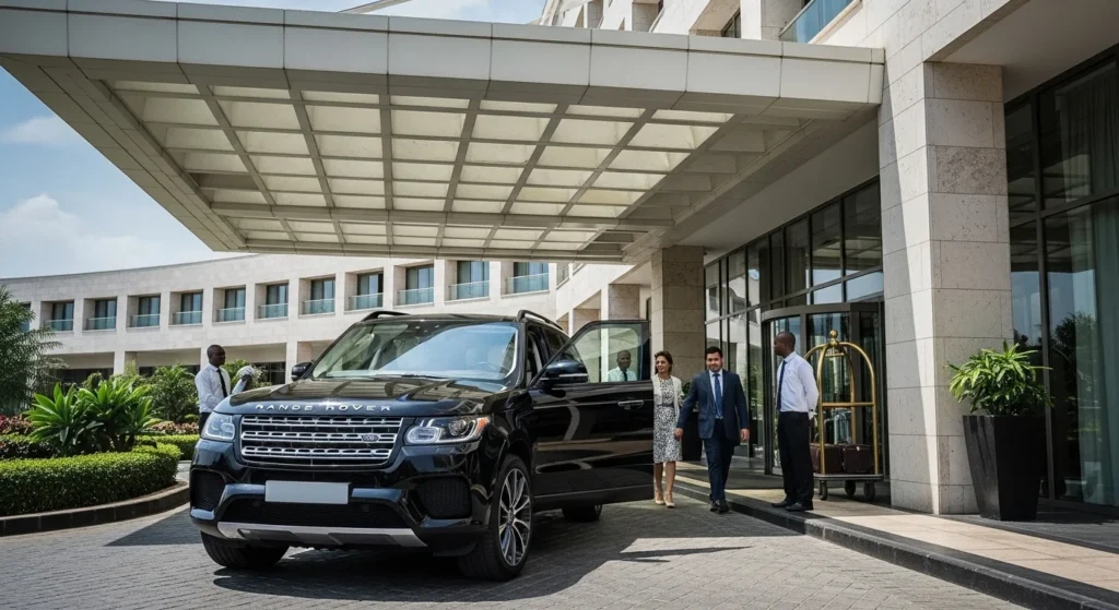 Clean luxury SUV parked at the entrance of a modern hotel in Accra, Ghana, hotel canopy and driveway visible, vehicle positioned for guest pickup, bright daylight, realistic automotive photography, professional car rental advertisement style, add people.