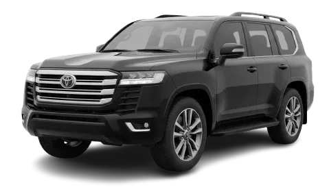 Large luxury Toyota V8 2025 model SUV, isolated on pure white background, studio lighting, high detail automotive photography, clean shadow under the car, front three quarter angle.