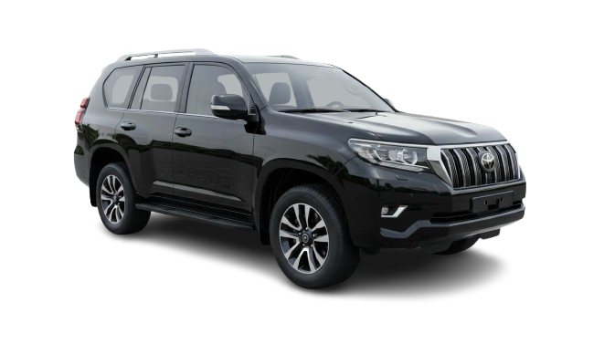 Large luxury Prado 2019 model SUV, isolated on pure white background, studio lighting, high detail automotive photography, clean shadow under the car, front three quarter angle.