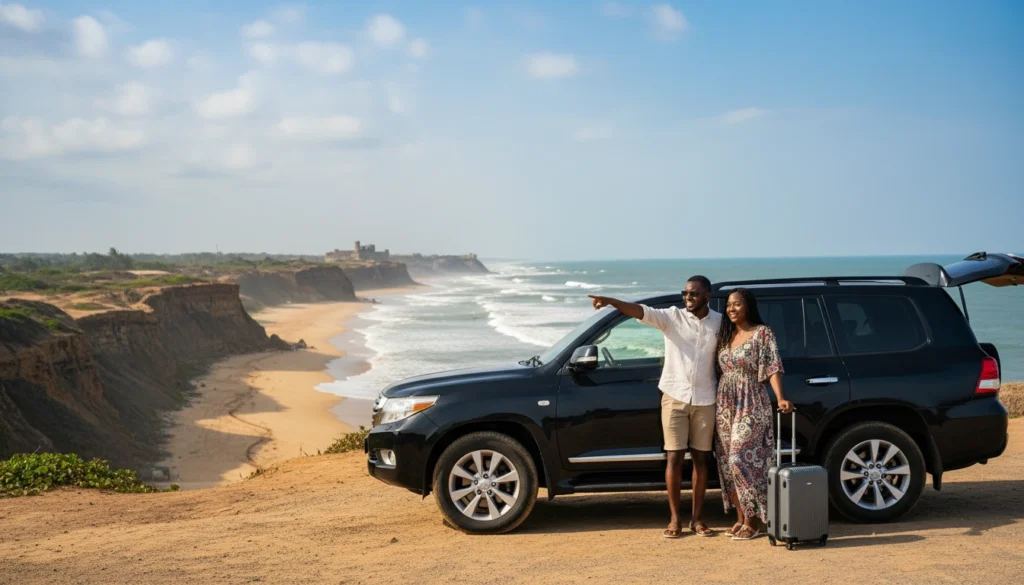Black tourist couple standing beside a rental SUV overlooking Cape Coast beach cliffs, Atlantic ocean in background, travel photography style, wide landscape view.