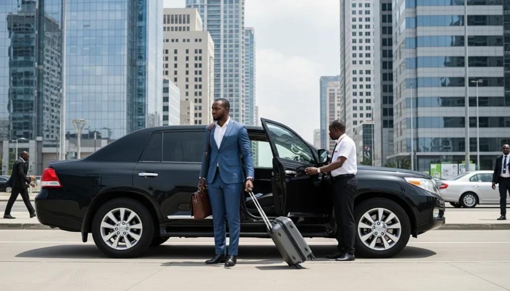 Black African executive stepping out of a luxury sedan with laptop bag and suitcase, modern business district background, professional appearance, corporate travel photography style.
